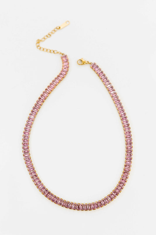 Baguette Stone Tennis Necklace | Pink
