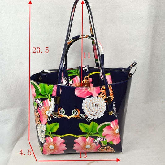 2-Piece Patent Floral Tote Bag and Matching Satchel Set
