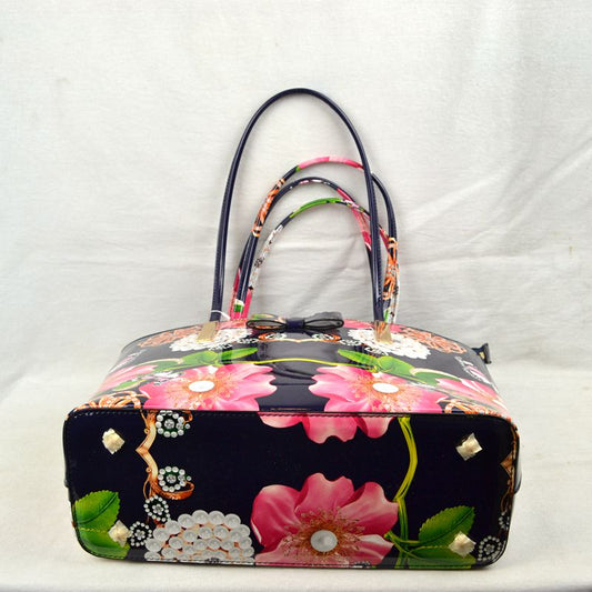 Glossy Patent Floral Tote Bag with Bow Accent and Double Handles