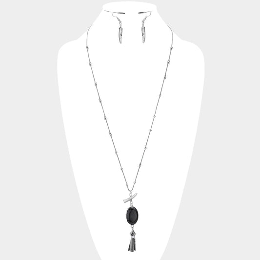 Oval Stone with Faux Leather Tassel Long Necklace