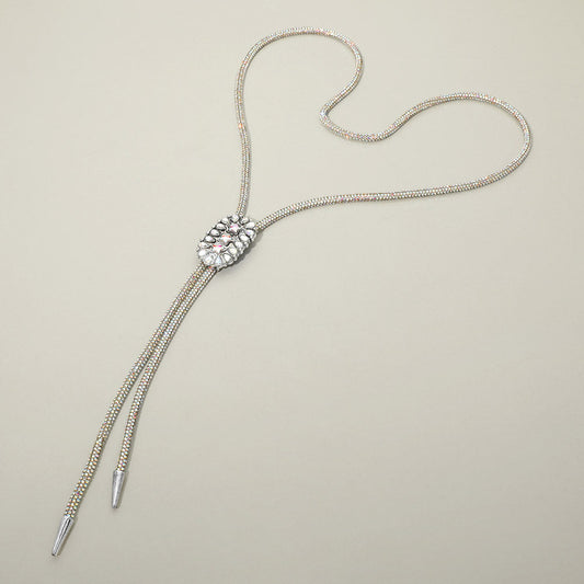 Triple Star Stone Accent Oval Pendant Bling Studded Bolo Necklace
