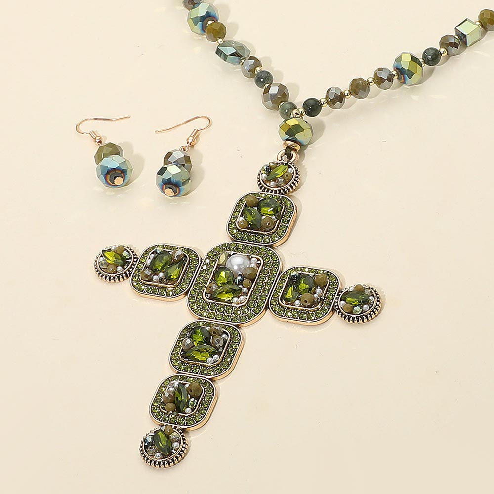Stone Pearl Embellished Cluster Cross Pendant Faceted Beaded Long Necklace
