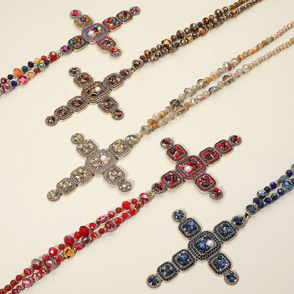 Stone Pearl Embellished Cluster Cross Pendant Faceted Beaded Long Necklace