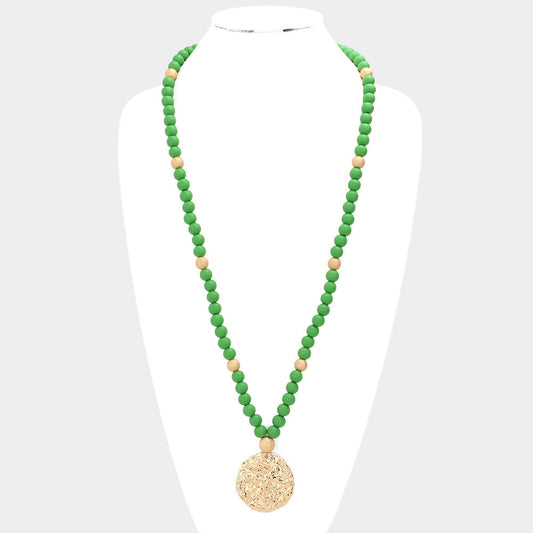 Hammered Metal Round Pendant Wood Beaded Long Necklace