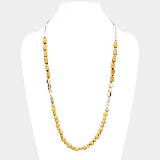 Natural Stone Wood Bead Long Necklace