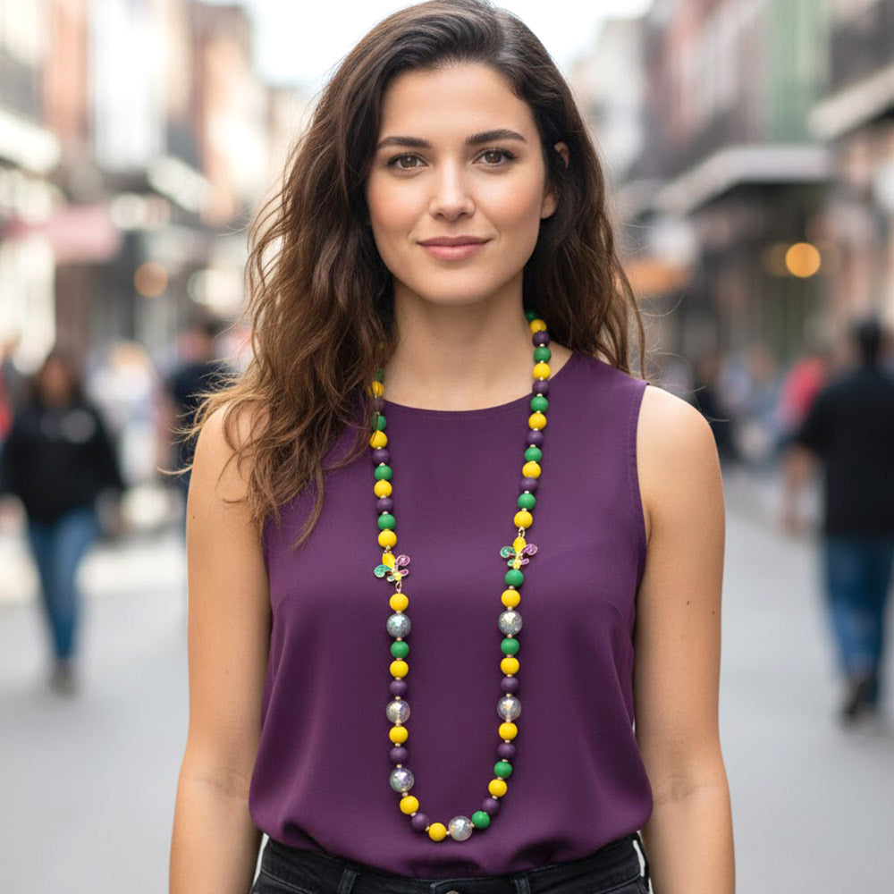Mardi Gras Fleur de Lis Charm Wooden Beaded Long Necklace