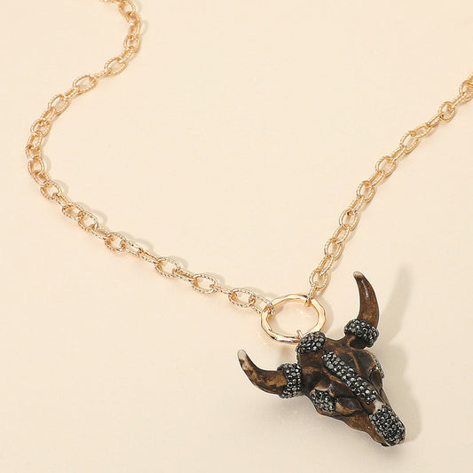 Bling Studded Western Bull Skull Pendant Long Necklace