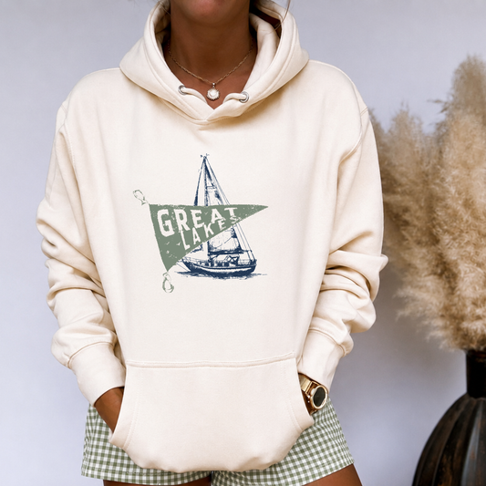 Great Lakes Sailboat Hoodie | Vintage Coastal Graphic Pullover | Premium Heavyweight Fleece Hoodie
