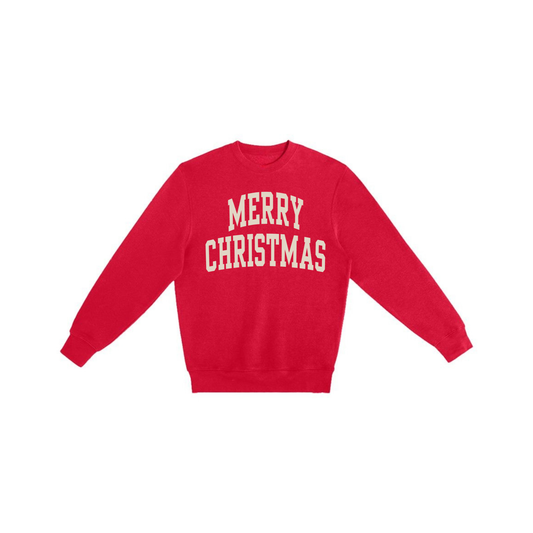 Merry Christmas Varsity Crewneck Sweatshirt | Cozy Christmas Sweatshirt | Holiday Graphic Fleece Pullover