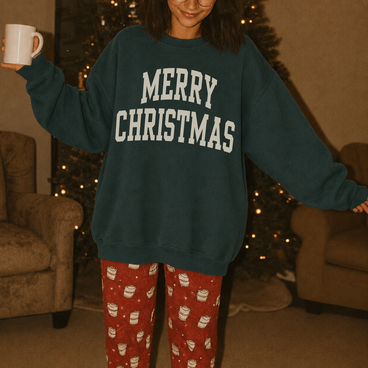 Merry Christmas Varsity Crewneck Sweatshirt | Cozy Christmas Sweatshirt | Holiday Graphic Fleece Pullover