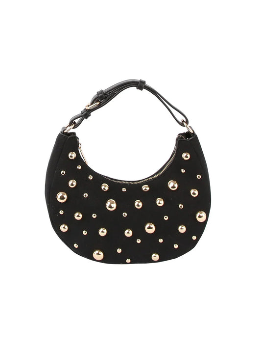 Studded Crescent Shoulder Bag with Adjustable Top Handle