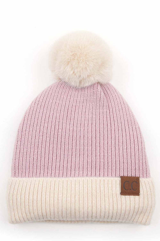 C.C Solid Color Pom Beanie with Beige Cuff