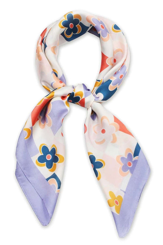 Flower with Checker Print Satin Square Scarf