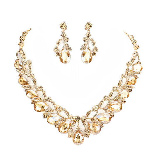 Teardrop Accented Stone Embellished Leaf Evening Necklace