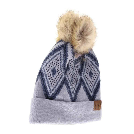 Diamond Geometric Pattern Faux Fur Pom C.C Beanie
