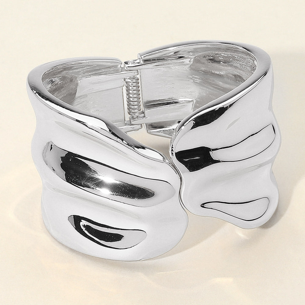Sculpted Wavy Wide Metal Hinged Bangle Bracelet