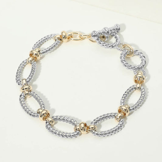 14K Gold Plated Two Tone Textured Oval Link Toggle Bracelet