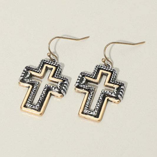 Two Tone Antique Metal Open Cross Charm Drop Dangle Earrings