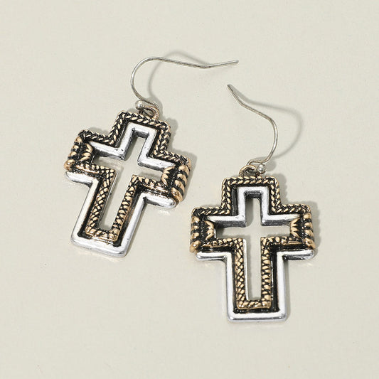 Two Tone Antique Metal Open Cross Charm Drop Dangle Earrings