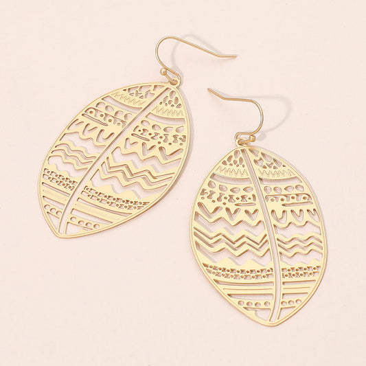 Brass Metal Tribal Pattern Cutout leaf Dangle Earrings