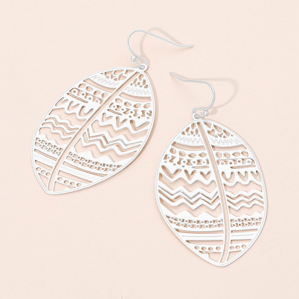 Brass Metal Tribal Pattern Cutout leaf Dangle Earrings