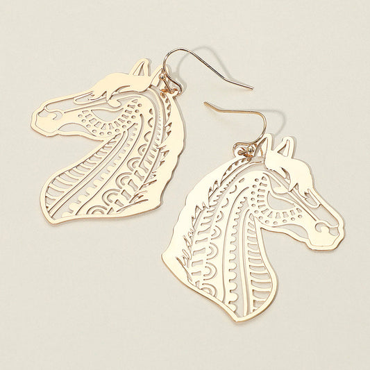 Brass Metal Filigree Horse Dangle Earrings