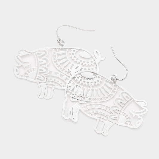 Brass Metal Cutout Pig Dangle Earrings