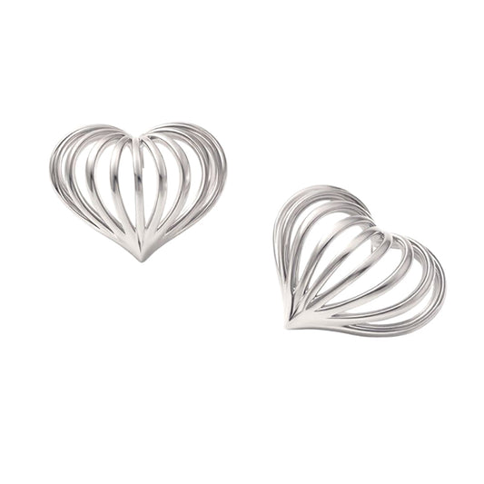White Gold Dipped Sculpted Heart Cage Stud Earrings