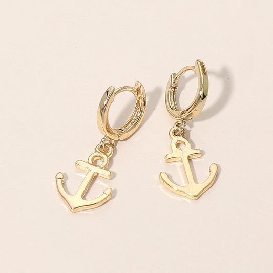 Anchor Charm Drop Huggie Hoop Earrings