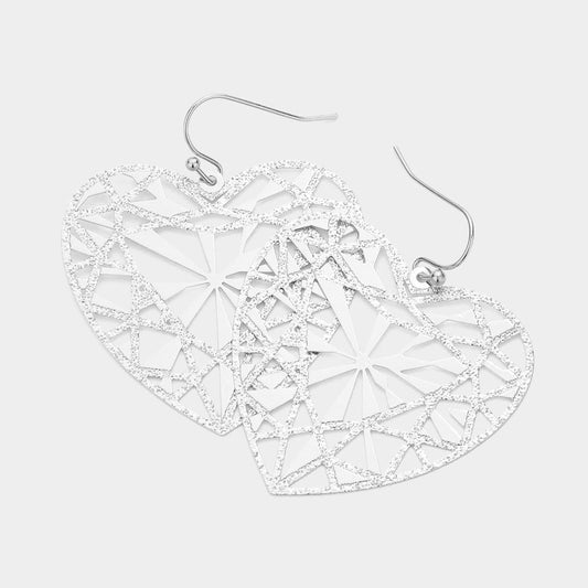 Metal Brass Heart Filigree Dangle Earrings