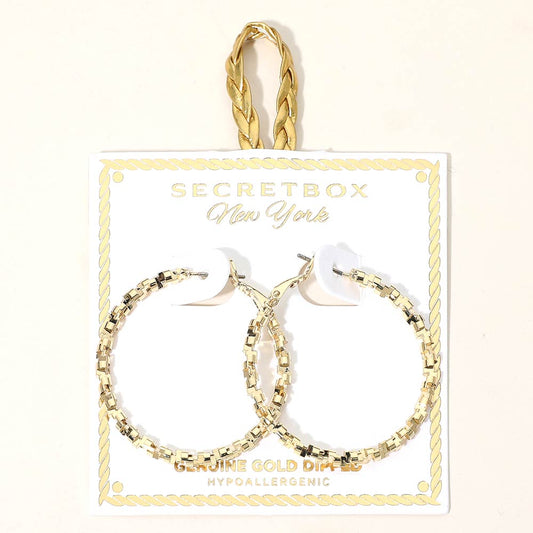 SECRET BOX_Genuine Gold Dipped Hypoallergenic Geometric Textured Hoop Earrings