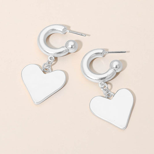 Matte Hammered Metal Heart Charm Drop Mini Hoop Earrings