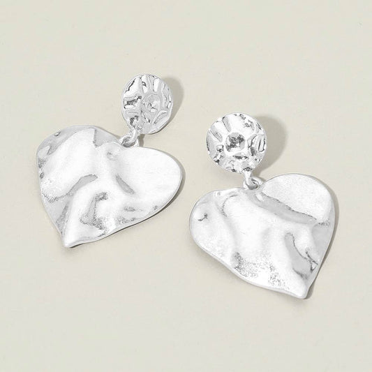 Worn Metal Hammered Heart Drop Earrings