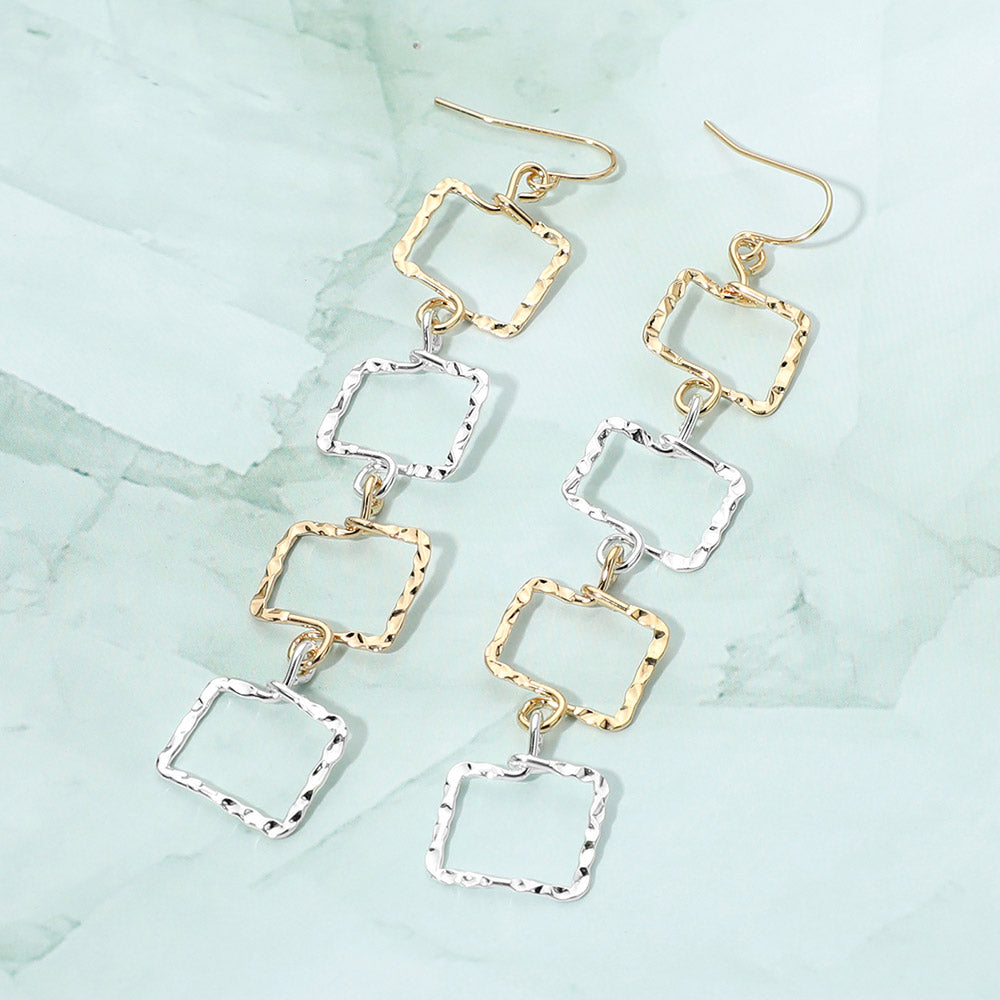 Textured Metal Geometric Open Square Link Drop Earrings