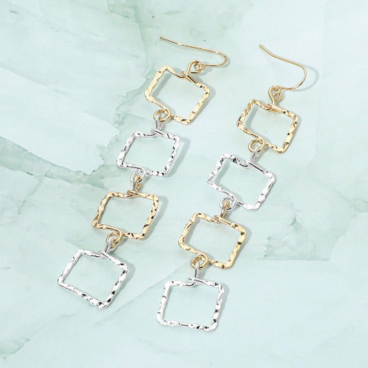 Textured Metal Geometric Open Square Link Drop Earrings