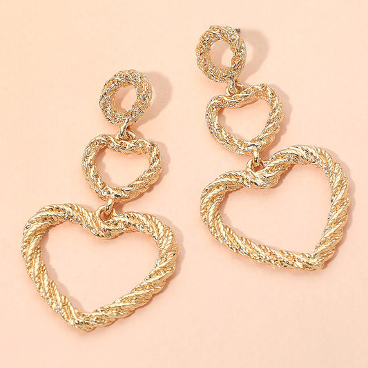 Textured Double Open Heart Link Drop Statement Earrings