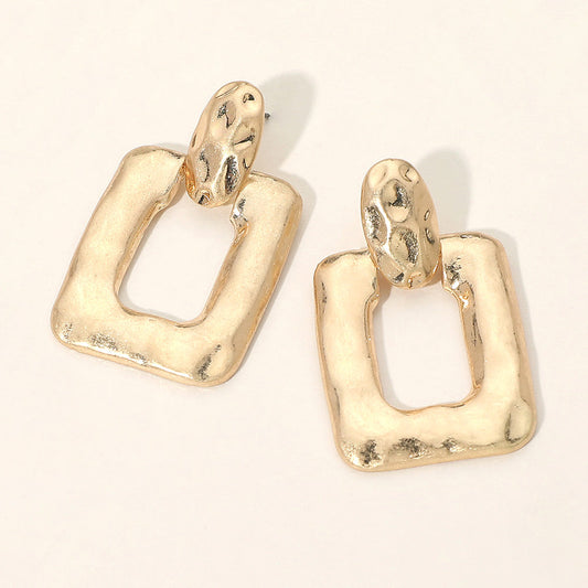 Hammered Metal Sculpted Square Door Knocker Statement Earrings