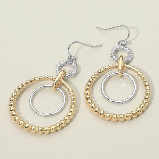 Two Tone Metal Beaded Ring Link Drop Earrings