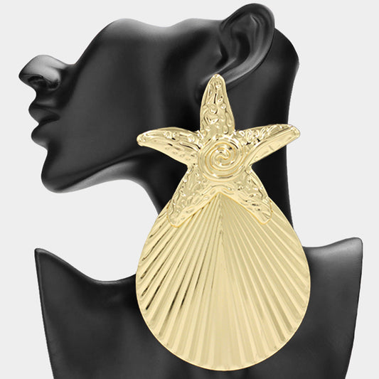 Oversized Textured Metal Starfish Seashell Drop Statement Earrings