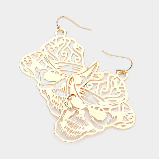Brass Metal Cutout Skull Dangle Earrings