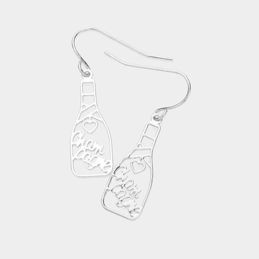 Brass Metal Champagne Message Bottle Dangle Earrings