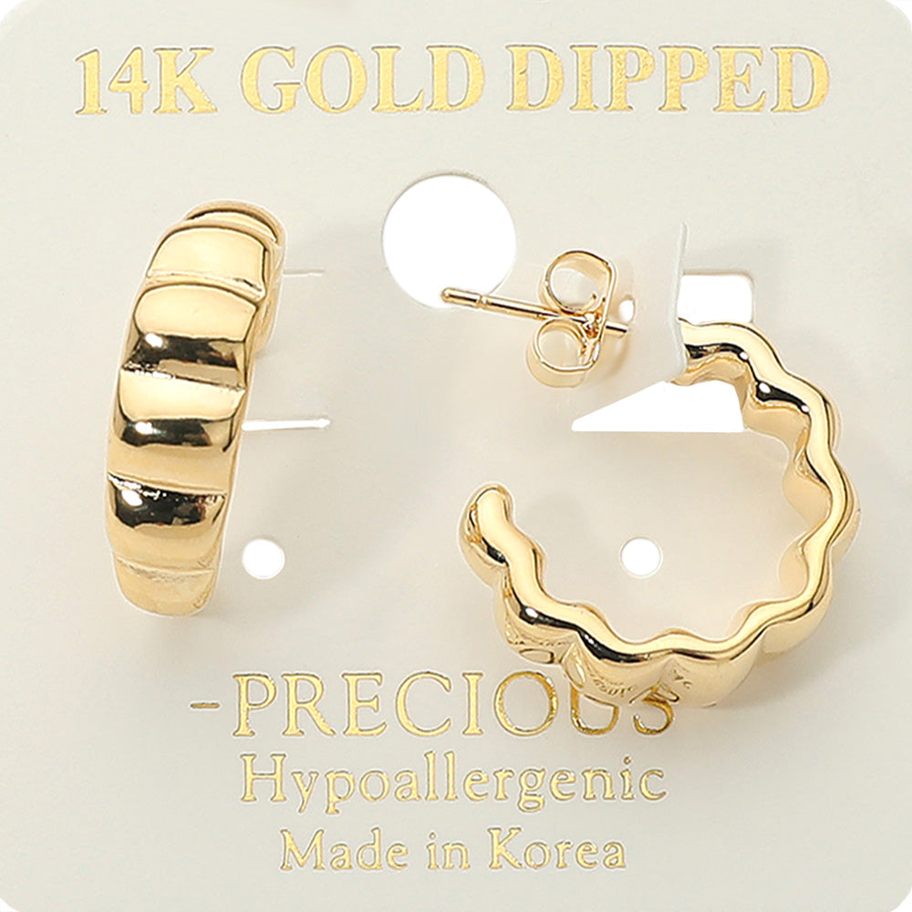 14K Gold Dipped Wavy Ribbed Hoop Earrings