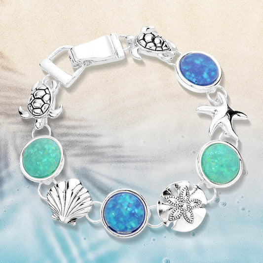 Women's Sea Glass Embossed Metal Life Magnetic Link Bracelet