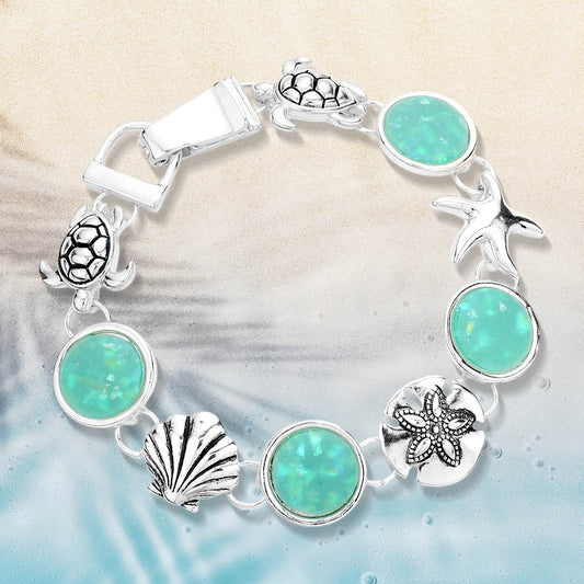 Women's Sea Glass Embossed Metal Life Magnetic Link Bracelet