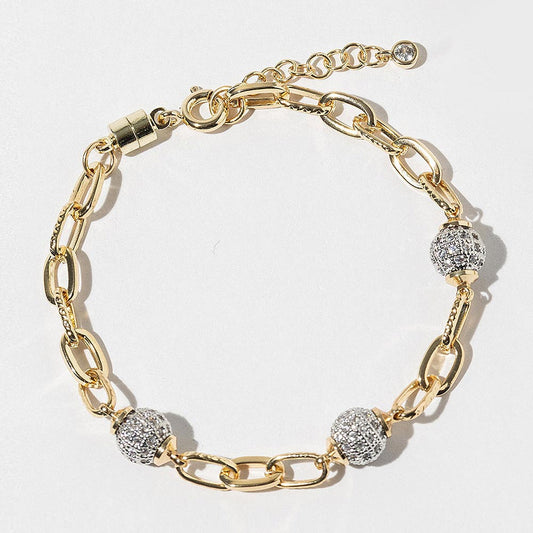 Gold Dipped CZ Stone Paved Ball Accent Oval Link Chain Bracelet