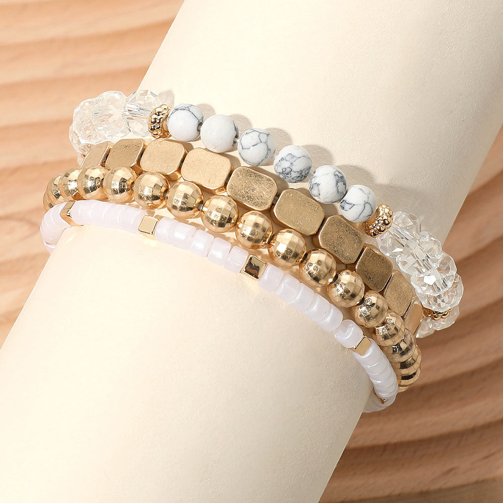 4PCS - Metal Faceted Beaded Stretch Multi Layered Bracelets