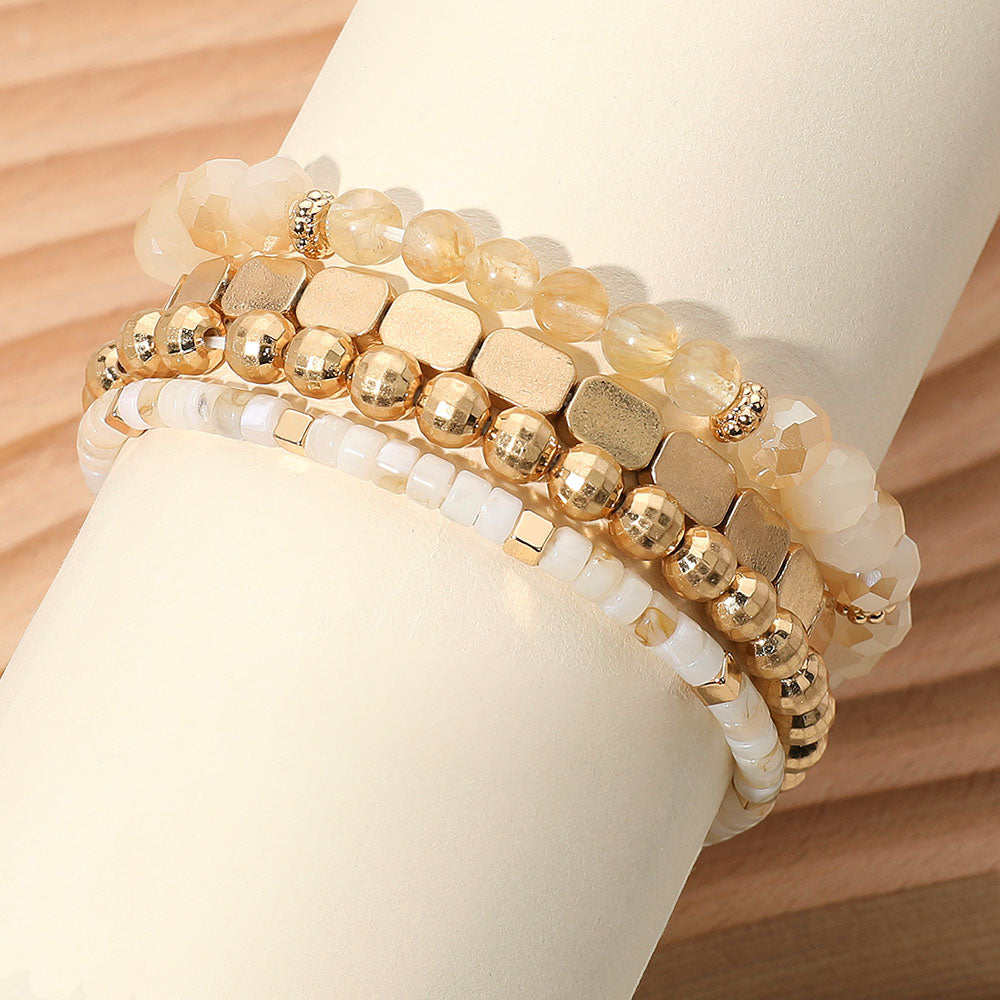 4PCS - Metal Faceted Beaded Stretch Multi Layered Bracelets