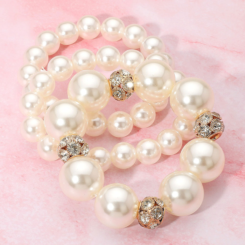 3PCS - Pearl Stone Ball Beaded Stretch Multi Layered Bracelets