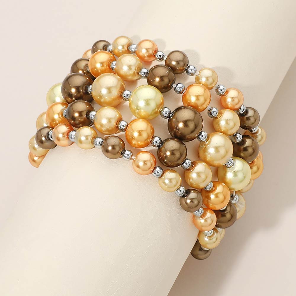 5PCS - Colorful Pearl Beaded Stretch Multi Layered Bracelets