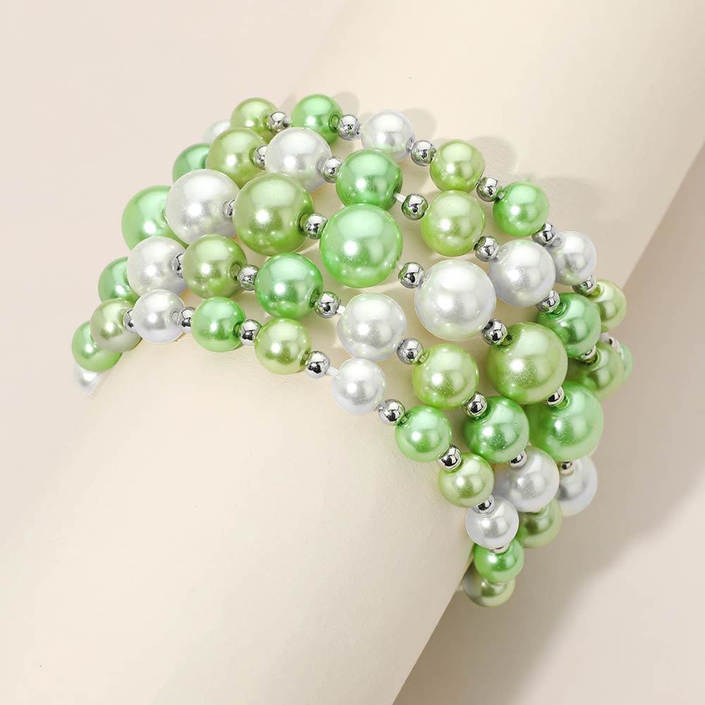 5PCS - Colorful Pearl Beaded Stretch Multi Layered Bracelets